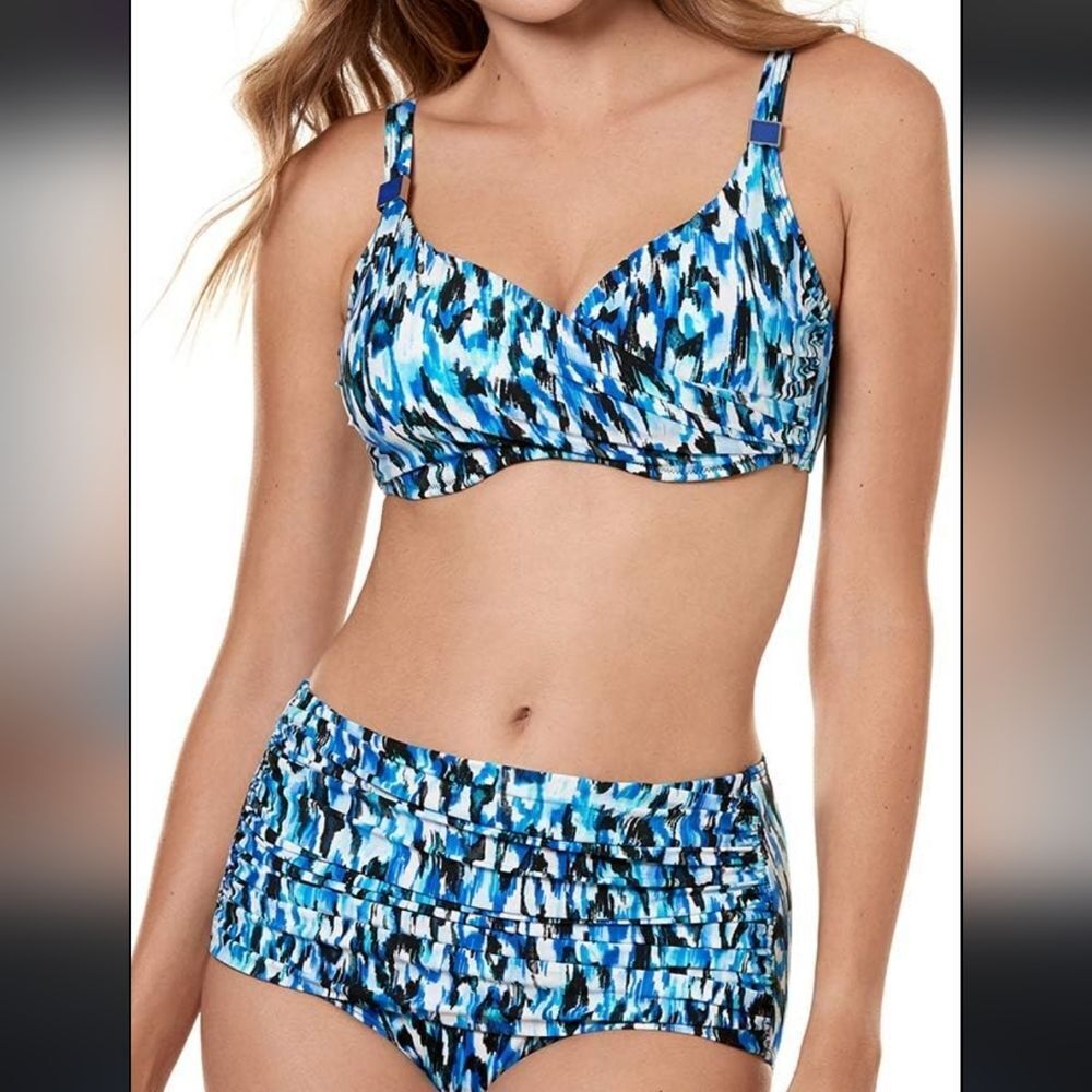 NWT  SET Miraclesuit underwire swim blue  bikini top 34DD/L bottom 12